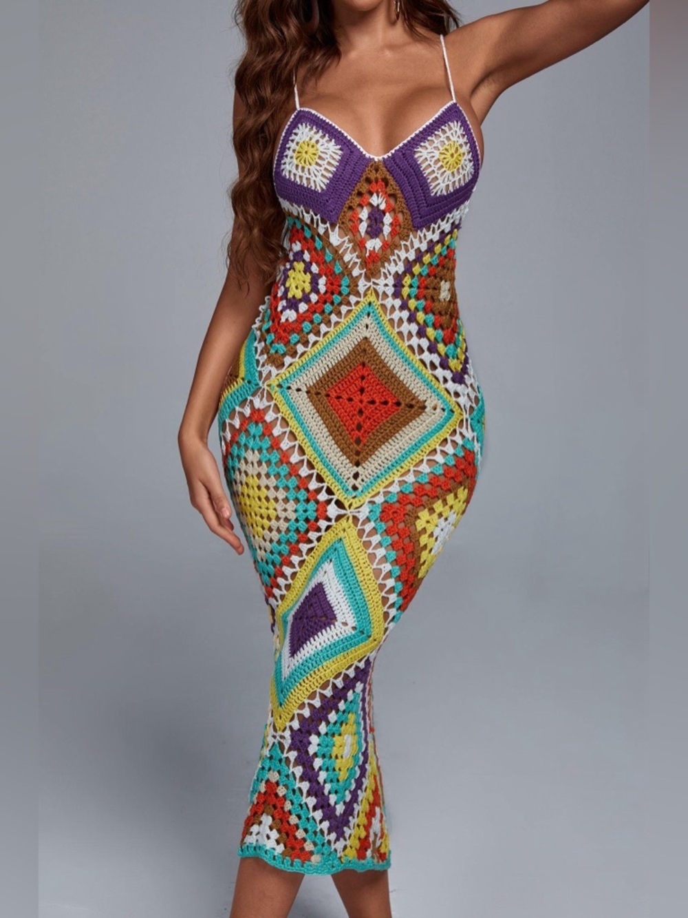 Colorful Crochet Maxi Dress with Diamond Motif